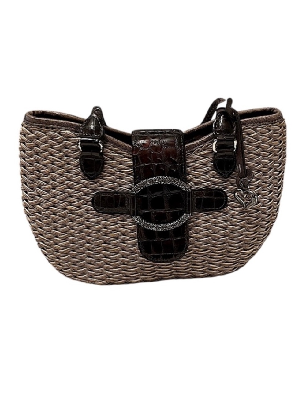 Brighton Basket Weave Brown Leather Braided Straps Croc Embossed Shoulder Bag